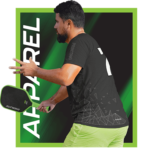 A player in a black sublimated Enerletic jersey holding an Enerletic pickleball paddle