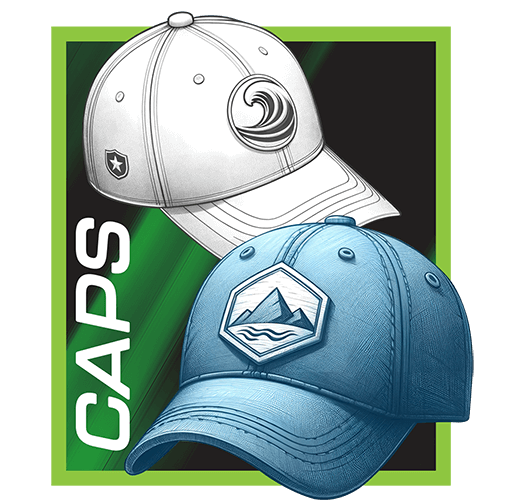 Two custom caps: a white one with a wave emblem, and a blue one with a hexagonal mountain patch